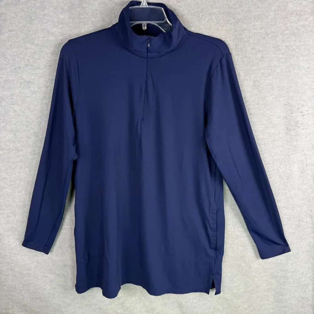 Lands End Women's MP 1/4 Zip Rash Guard Tunic Length Swim Top Navy Blue Pockets